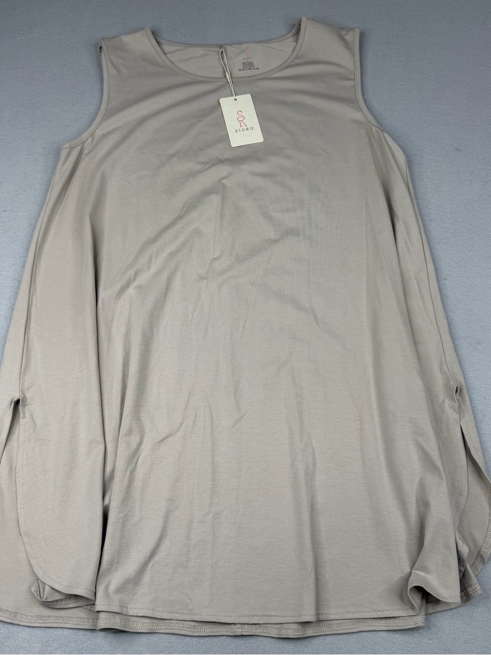 SIORO Sleeveless Swing Tunic Top L Beige Side Slit Cotton Blend NWT